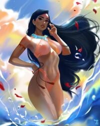 1girls artist_signature black_hair bocas_top brown_eyes disney disney_princess feet_out_of_frame female female_only large_breasts long_hair looking_at_viewer native_american pocahontas pocahontas_(character) solo standing_in_water swimsuit tattiart