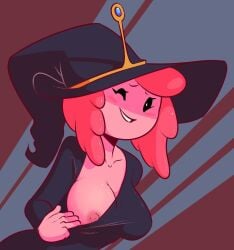 1girls adventure_time big_breasts breasts dabble female female_only flashing flashing_breasts halloween large_breasts nipples one_breast_out presenting princess_bubblegum shirt_pull solo solo_female teasing wink winking witch_hat