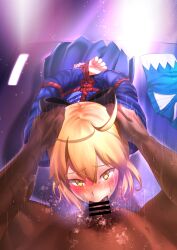 1boy blonde_hair blush censored dark-skinned_male fate/stay_night fate_(series) fellatio female interracial light-skinned_female looking_at_viewer mishima_psycho oral saber sweat tied tied_hands