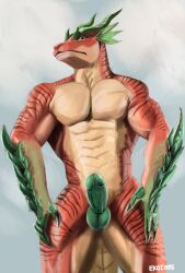 absurd_res anthro balls dragon ekoi1995 erection genitals green_balls green_eyes green_penis hi_res humanoid_genitalia humanoid_penis male male_focus male_only male_solo muscular penis pinup pose red_body solo solo_male striped_arms striped_legs tan_body