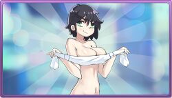 1girls big_breasts black_hair boobs breasts color colored green_eyes hentai_game hidden_nipples hiding_breasts light_skinned_female looking_away looking_to_the_side naked naked_female nipples_covered nude nude_female nutaku pocket_waifu porn_game short_hair solo solo_female tagme tits towel unknown_artist unknown_character upscaled