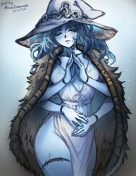 1girls aqua_eyes blue_hair blue_skin coat dress elden_ring female female_only fromsoftware fur_cape half-closed_eyes hands_together hat lips long_hair looking_away minacream one_eye_closed ranni_the_witch solo thick_thighs thighs witch_hat