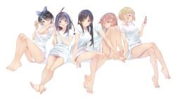 2d 5girls barefoot bottomless feet female female_only kanojo_okarishimasu legs mizuhara_chizuru multiple_girls nanami_mami sakurasawa_sumi sarashina_ruka shirt simple_background slender_legs sydus thighs yaemori_mini