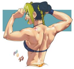 1girls armpits back_muscles back_view backboob beauty_mark biceps birthmark black_hair braid braided_hair braided_ponytail breasts curvy double_bun female female_focus female_only flexing flexing_bicep from_behind fully_clothed gg8473 green_eyes green_hair green_lips green_lipstick joestar_birthmark jojo's_bizarre_adventure jolyne_kujo light-skinned_female light_skin lipstick looking_back multicolored_hair muscles muscular muscular_female sexy_armpits shounen_jump simple_background smile smiling solo solo_female solo_focus stone_ocean tagme toned toned_female two_tone_hair voluptuous yellow_hair