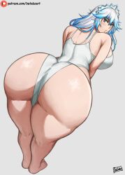 1girls back_view batako bending_over bent_over big_ass big_breasts bikini blue_hair blue_highlights feet female female_only goddiya light-skinned_female solo solo_female standing swimsuit thick_thighs two-tone_hair white_bikini white_hair white_swimsuit