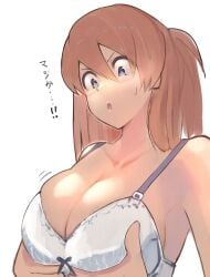 ! !! :o asuka_langley_sohryu blue_eyes blush bouncing_breasts bra breasts breasts_out female grabbing_own_breast highres large_breasts long_hair looking_at_breasts medium_breasts neon_genesis_evangelion open_mouth orange_hair shiny shiny_skin simple_background sweat translation_request two_side_up underwear upper_body white_background yakankome