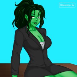 1girls artist_name big_breasts business_attire business_suit business_woman cleavage clothed daemonhx dark_green_hair female female_only fully_clothed green_eyes green_hair green_skin hulk_(series) looking_at_viewer marvel marvel_comics miniskirt ponytail she-hulk simple_background sitting skirt solo teal_background tied_hair