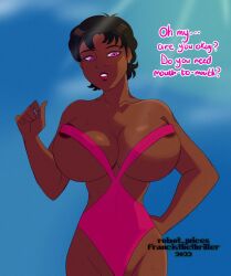 anita_obasanjo breasts dark-skinned_female dialogue huge_breasts milf purple_eyes robot_juices swimsuit