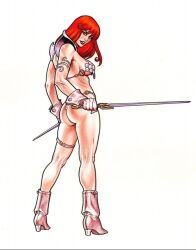 1girls female female_only green_eyes joseph_michael_linsner metal_bikini red_hair red_sonja red_sonja_(comics) skimpy_clothes skimpy_costume solo