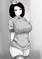 1girls big_breasts black_hair blush blush blushing_at_viewer breasts female female_only medium_hair nurse nurse_cap nurse_uniform smile smiling smiling_at_viewer solo solo_female the_only_shoe white_body