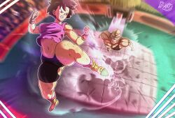 1boy 1girls ass ass_visible_through_thighs audience bald big_breasts black_hair breasts competition d-art dragon_ball dragon_ball_z female fight fighting fighting_ring flying gloves looking_at_each_other looking_back male muscular muscular_male shirt short_hair shorts spopovich teenager thick_thighs torn_clothes torn_clothing videl wide_hips