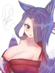 cleavage flashing gold_eyes purple_hair sewayaki_kitsune_no_senko-san sora_(sewayaki_kitsune_no_senko-san) yellow_eyes