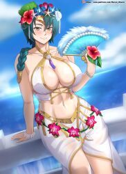 1girls abs absurdres alternate_costume arm_support bikini blue_hair blush braid breasts brown_eyes cleavage day female female_only fire_emblem fire_emblem_heroes flower hand_fan highres hocen large_breasts lips looking_at_viewer medium_hair navel nintendo ocean official_alternate_costume outdoors sarong single_braid smile solo swimsuit thighs thorr_(fire_emblem) thorr_(summer)_(fire_emblem) white_bikini white_swimsuit