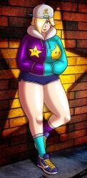 1girls beg4cake big_breasts blonde_hair blue_eyes breasts cap earrings female female_only hair_over_one_eye hands_in_pockets hat hoodie jacket mario_(series) nintendo princess_rosalina shoes short_shorts shorts sneakers socks thick_thighs wide_hips