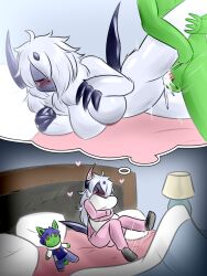 2_panel_comic 2koma absol anthro bed bedding bedroom big_breasts blanket blush blush_lines bodily_fluids breasts canid canine clawed_fingers claws closed_eyes clothed clothing comic cum cum_in_pussy cum_inside digital_drawing_(artwork) digital_media_(artwork) doll dream duo eeveelution ejaculation embrace excited excited_for_sex fantasizing featureless_breasts female fluffy fluffy_hair footwear forehead_gem from_side fur furniture genital_fluids genitals green_body green_fur hair hand_on_leg head_gem headboard hi_res holding_leg horn hug hugging_leg hugging_pillow imagination jolteon keith_wilson kick lamp layan_irfan long_hair male male/female mammal messy messy_hair motion_lines neck_tuft nintendo no_nipples nude nude_female nude_male one_eye_obstructed open_mouth pajama_bottoms pajama_pants pajama_shirt pajamas penetration penile penile_penetration penis penis_in_pussy pillow plushie pokémon_(species) pokemon pokemon_(species) pussy scratches secretly_loves_it sex sharp_horn sharp_tail sleep_molestation sleep_sex sleeping sleeping_cap socks spread_legs spreading tetsushi thought thought_balloon thought_bubble thoughts tuft unconscious vaginal_penetration video_games white_body white_fur