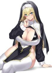 1girls absurd_res arm_support blonde_hair blue_eyes blush breasts cleavage female hi_res huge_breasts long_hair looking_at_viewer nun original pelvic_curtain revealing_clothes sitting smile solo thick_thighs thighhighs yamanokami_eaka