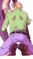 2boys clothed diamond_is_unbreakable fellatio gay jojo's_bizarre_adventure kosaku_kawajiri male male_only oral standing unbuckled_belt yaoi yoshikage_kira yu_kakari