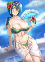 1girls abs absurdres adapted_costume alternate_costume arm_support bare_legs bare_thighs bikini blue_hair blush braid breasts brown_eyes cleavage day female female_only fire_emblem fire_emblem_heroes flower green_bikini green_swimsuit grin hand_fan highres hocen large_breasts legs lips looking_at_viewer medium_hair navel nintendo ocean official_alternate_costume outdoors sarong single_braid smile solo swimsuit thighs thorr_(fire_emblem) thorr_(summer)_(fire_emblem) two-tone_bikini white_bikini white_swimsuit