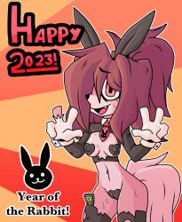 anthro bodily_fluids bunny_costume canid canine canis clothed clothing costume cuffs_(clothing) domestic_dog fake_ears fake_rabbit_ears female gloves handwear hi_res homeless_dog mammal new_year_2023 pasties ponporio_(artist) simple_background skimpy solo sweat