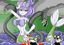 1girls 2boys angry big_breasts blush cala_maria cuphead cuphead_(game) curvy eel female fit giantess large_breasts larger_female male mermaid mermaid_giantess mugman nosebleed scar wide_hips