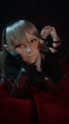 1girls 3d 9:16 barefoot corrin_(fire_emblem)_(female) feet feet_together feet_up female female_only fire_emblem fire_emblem_fates j9006 lip_gloss lipstick long_toenails looking_at_viewer nintendo pov red_eyes soles solo the_pose toenails toes