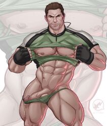 blitzturner boner chris_redfield erect_penis erection hard_on looking_at_viewer male male_only muscles muscular muscular_male penis_out precum precum_drip resident_evil ripping_shirt thong veiny_penis