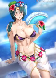 1girls abs absurdres adapted_costume alternate_costume arm_support bikini blue_hair blush braid breasts brown_eyes cleavage day female female_only fire_emblem fire_emblem_heroes flower hand_fan highres hocen large_breasts light_blush lips looking_at_viewer medium_hair navel nintendo ocean official_alternate_costume open_mouth outdoors purple_bikini purple_swimsuit sarong single_braid smile solo swimsuit thighs thorr_(fire_emblem) thorr_(summer)_(fire_emblem) two-tone_bikini white_bikini white_swimsuit yellow_bikini yellow_swimsuit