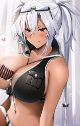 1boy between_breasts blush breasts cum cum_on_breasts cum_on_upper_body dark-skinned_female female glasses_on_head kantai_collection large_breasts licking_lips musashi_(kantai_collection) paizuri red_eyes straight white_hair yunamaro