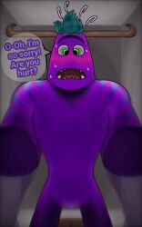 1boy 2022 blue_hair blush creature disney first_person_view green_eyes looking_at_viewer male male_only monsters_at_work monsters_inc nervous perspective pixar pov purple_skin sweat sweating tagme tylor_tuskmon