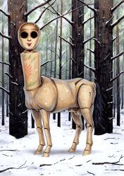 animal_genitalia balls bodypaint creepy creepy_smile distant_star elemental_creature empty_eye_sockets equid equine flora_fauna genitals hi_res horse looking_at_viwer male mammal nightmare_fuel official_art plant sheath smile winter wood wooden