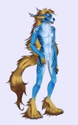 aitin animal_genitalia anthro balls biped blue_body blue_eyes blue_fur canid canine claws fully_sheathed fur genitals hair hi_res male male_only mammal mordorinka nude sheath simple_background solo standing