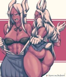 1girls abs absurd_res aroodnoodle ass big_ass boku_no_hero_academia bra breasts bunny_ears bunny_tail cleavage dark-skinned_female dark_skin eye_contact female female_only high_resolution large_breasts long_ears long_hair looking_at_viewer miruko my_hero_academia noodlenood rumi_usagiyama school_uniform skirt skirt_lift solo thick_thighs thighs undressing very_high_resolution white_hair