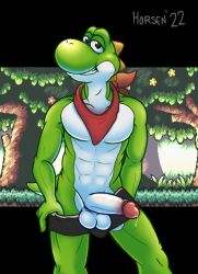 anthro balls bandana bodily_fluids genital_fluids genitals green_body green_skin hi_res horsen kerchief looking_at_viewer male male_only mario_(series) muscular nintendo precum solo video_games yoshi yoshi's_island