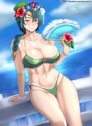 1girls abs absurdres alternate_costume arm_support bare_legs bare_thighs bikini blue_hair blush braid breasts brown_eyes cleavage day female female_only fire_emblem fire_emblem_heroes flower green_bikini green_swimsuit grin hand_fan highres hocen large_breasts legs lips looking_at_viewer medium_hair navel nintendo ocean outdoors sarong single_braid smile solo swimsuit thighs thorr_(fire_emblem) thorr_(summer)_(fire_emblem)