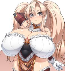 1girls :< absurdres arm_behind_head bangs blonde_hair blush boots breasts brown_eyes cleavage closed_mouth cowboy_shot curvy detached_collar dwarf_princess_(konoshige) elbow_gloves female female_only frown gigantic_breasts gloves groin hair_over_shoulder highres konoshige_(ryuun) lace long_hair looking_at_viewer original panties pelvic_curtain ryuun_(stiil) shiny shiny_hair shiny_skin shortstack sidelocks skindentation slight_blush solo standing thick_eyebrows thick_thighs thigh_boots thighhighs thighs twintails underwear unhappy_female very_long_hair wide_hips