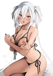 animal_ears bra breast_hold censored clothing high_resolution kantai_collection megane musashi_(kantai_collection) nipples pantsu pussy_juice red_eyes see-through thong underwear vagina very_high_resolution white_hair yunamaro