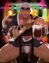 2023 abs accessory alcohol arm_tattoo armor asian_clothing bar beard beer beer_mug belt beverage biceps blush brown_eyes bulge chair clothed clothing deltoids drinks east_asian_clothing facial_hair foam fundoshi fundoshi_only furniture gloves gomtang greaves handwear happi happi_(clothing) headband holding_beverage holding_drink holding_object human japanese_clothing male male_only muscular muscular_male muscular_thighs navel nose_scar on_chair overflow pecs shoulder_tattoo signature sitting sitting_backwards sitting_on_chair suspenders tattoo underwear underwear_only vambrace white_hair