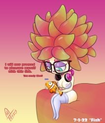 2022 annie_(splatoon) areolae bra breasts breasts_out dialogue eyeshadow female female_focus fish fishjob funny garter_belt glasses green_eyes headphones i'll_now_proceed_to_pleasure_myself_with_this_fish meme moe_(splatoon) multicolored_hair nintendo orange_hair splatoon supermoonshroom text thighhighs thighs video_games watermark white_skin