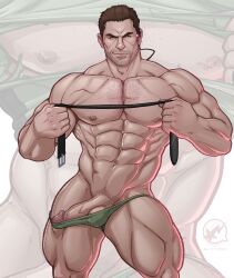 blitzturner boner chris_redfield erect_penis erection hard_on holding_belt looking_at_viewer male male_only muscles muscular muscular_male penis_out resident_evil shirtless_male thong veiny_penis