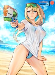 1girls annoyed annoyed_expression bangs blonde_hair blue_eyes female female_focus female_only looking_at_viewer metroid mystra77 nintendo samus_aran see-through see-through_clothing see-through_shirt see-through_top swimsuit watergun wet_clothes wet_t-shirt wet_topwear