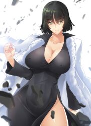 1girls absurd_res arm_up bangs belly big_breasts black_dress bob_cut breasts busty cleavage clothed clothing coat collarbone curvy curvy_body curvy_female curvy_figure dark_green_hair dark_hair dress esper eye_contact eyebrows eyebrows_raised eyebrows_visible_through_hair eyelashes female female_focus female_only fringe front_view fubuki_(one-punch_man) green_eyes green_hair haganef hand_up heroine highres hips hourglass_figure large_breasts legs legs_together light-skinned_female light_skin lips lipstick long_sleeves looking_at_viewer medium_hair midriff navel one-punch_man psychic punch rocks rubble shiny_skin short_hair slim slim_waist smile smiling smiling_at_viewer smirk solo solo_female solo_focus standing stomach telekinesis thick thick_legs thick_thighs thighs thin_waist tight_clothing tight_dress voluptuous waist white_background wide_hips