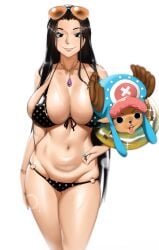 1girls anthro antlers big_breasts big_eyes big_hat bikini black_eyes black_hair blue_fingernails breasts carrying_partner deer female female_only floatie happy holding_person kevbot large_breasts larger_female necklace nico_robin one_piece post-timeskip reindeer slender_legs slim_waist smaller_male solo straight sunglasses_on_head surprised_expression tony_tony_chopper