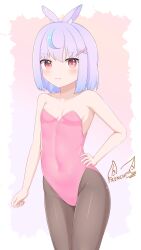 1girls 2020s 2021 animal_ears belly belly_button bunnysuit first_porn_of_character frenchikonkon hair_ornament hyogayome indie_virtual_youtuber kangaroo_ears light-skinned_female light_skin looking_at_viewer purple_hair red_eyes short_hair signature thighs two_tone_hair virtual_youtuber