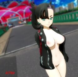 1girls 3d alternate_breast_size aqua_eyes big_breasts black_hair black_jacket breasts casual casual_exposure casual_nudity exhibitionism functionally_nude functionally_nude_female htr18 looking_at_viewer marnie_(pokemon) naked_jacket navel nintendo nipples pokemon pokemon_ss smile smiling smiling_at_viewer solo_female