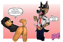 absurd_res animal_genitalia animal_penis anthro anus ass ass_up balls bent_over bottomless brown_body brown_eyes brown_fur canid canine canine_penis canis clothed clothed/nude clothing comic_sans dialogue disembodied_penis domestic_dog duo erection eye_contact fangs fur genitals german_shepherd handcuffed hands_behind_back hat headgear headwear herding_dog hi_res humor imminent_sex knot lil_doggy_(artist) looking_at_another looking_pleasured lube lube_bottle lube_on_penis lube_string male male/male male_only mammal monotone_body mooning multicolored_body narrowed_eyes nude open_mouth pastoral pastoral_dog penis pinup police pose presenting presenting_anus presenting_hindquarters raised_tail red_eyes security_guard security_uniform simple_background smile spanish_text spread_butt spreading sweater sweater_only text tongue tongue_out topwear topwear_only touching_balls two_tone_body yellow_body yellow_fur