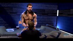 3d animated arm_tattoo bara beard blowjob body_tattoo brown_hair brunette chest_hair cop cornrows daemoncollection deepthroat douglas_reed forcing_on_dick gag gagging gay hairy_chest handcuffs male male_only oc original_character police police_officer police_uniform sitting_on_desk tagme tattoo tattoos video