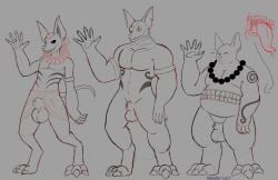 anthro anubian_jackal big_balls brothers canine_penis character_sheet claws fat_man jewelry kumaviruss male male_only memory_of_truth monochrome multiple_boys muscular_male naked pink_eyes prince_ishaq prince_raed prince_tai sketch skinny_male stomach_mouth tattoo