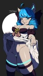 absurd_res anthro blue_eyes blue_hair clothing dress drill_curls felid feline female gwen_(league_of_legends) hair hi_res jinsidraws league_of_legends mammal simple_background smile solo