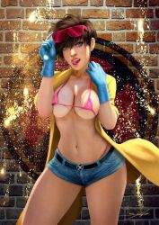 alternate_breast_size artist_request bikini_top bra breasts denim_shorts eyewear_on_head female jubilee marvel marvel_comics short_hair shorts solo sunglasses sunglasses_on_head tagme tongue x-men