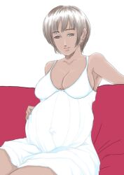 brown_eyes brown_hair collarbone couch dark-skinned_female drg hand_on_belly looking_at_belly looking_at_self old_quality pregnant pregnant_female ready_to_pop sitting sitting_down white_dress